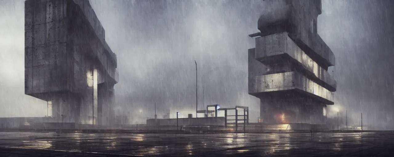 Image similar to brutalist architecture, steel, concrete, mist, heavy rain, night, dramatic lighting, lightning bolt, trending on Artstation, 8k, highly realistic, hyper detailed, unreal engine 5, IMAX quality, realistic, cinematic, epic lighting, realistic, in the style of Greg Rutkowski