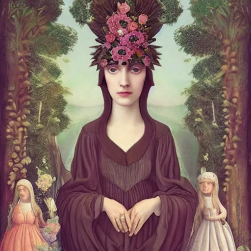 Prompt: a detailed portrait of young woman in renaissance dress and a surreal renaissance headdress, very surreal garden, strange creatures, by christian schloe and botticelli, naotto hattori, amy sol