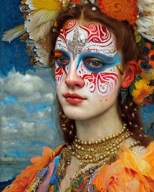 Prompt: a beautiful girl at carnival wearing colourful face paint surrounded by colourful intricate patterns, by edgar maxence and caravaggio and michael whelan, intricate painting, hyper realistic, extremely detailed and beautiful aesthetic face, 8 k resolution