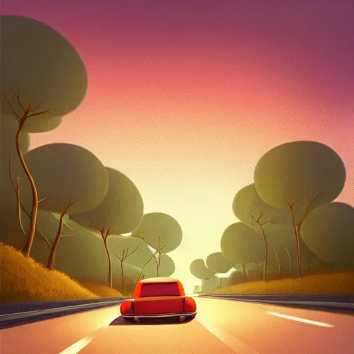 Prompt: goro fujita ilustration rear view of a car equipped with suitcases heading to the forest at sunset, painting by goro fujita, sharp focus, highly detailed, artstation