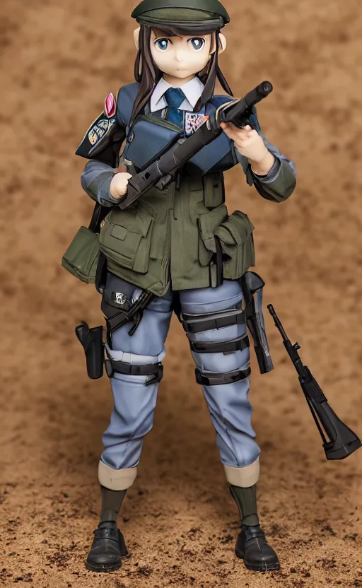 Prompt: toy photo, grabbing a rifle, school uniform, portrait of the action figure of a girl, anime character anatomy, small blue eyes, figma by good smile company, collection product, dirt and smoke background, flight squadron insignia, realistic military gear, 70mm lens, round elements, photo taken by professional photographer, trending on instagram, symbology, 4k resolution, low saturation, realistic military carrier