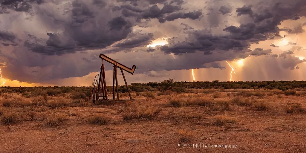 Prompt: photo of a stormy west texas sunset, perfect rustic ( ( pumpjack ) ), x - pan, high resolution lightning, golden hour, high detail, beautiful!!!