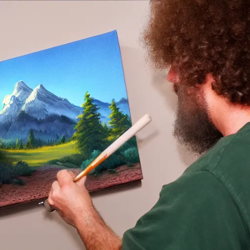 Image similar to a closeup photorealistic photograph of bob ross working on an image of kenny powers autographing a baseball on a canvas. mountains and trees. film still. brightly lit scene. this 4 k hd image is trending on artstation, featured on behance, well - rendered, extra crisp, features intricate detail, epic composition and the style of unreal engine.