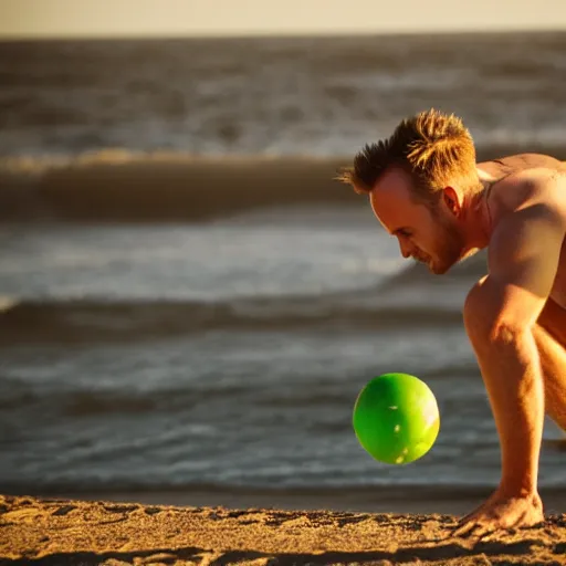 Prompt: Picture of Jesse Pinkman at the beach playing beach ball. Photography. 50mm. Beach