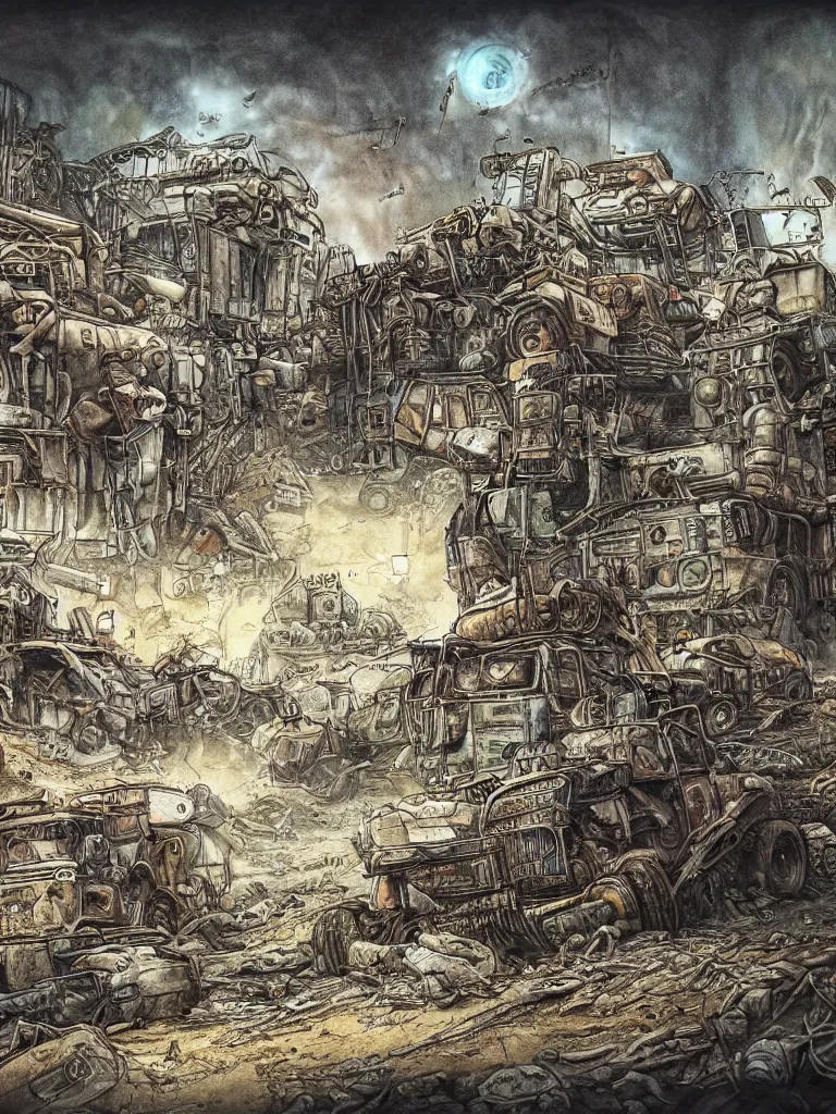 Image similar to post apocalyptic world, color pencil illustration