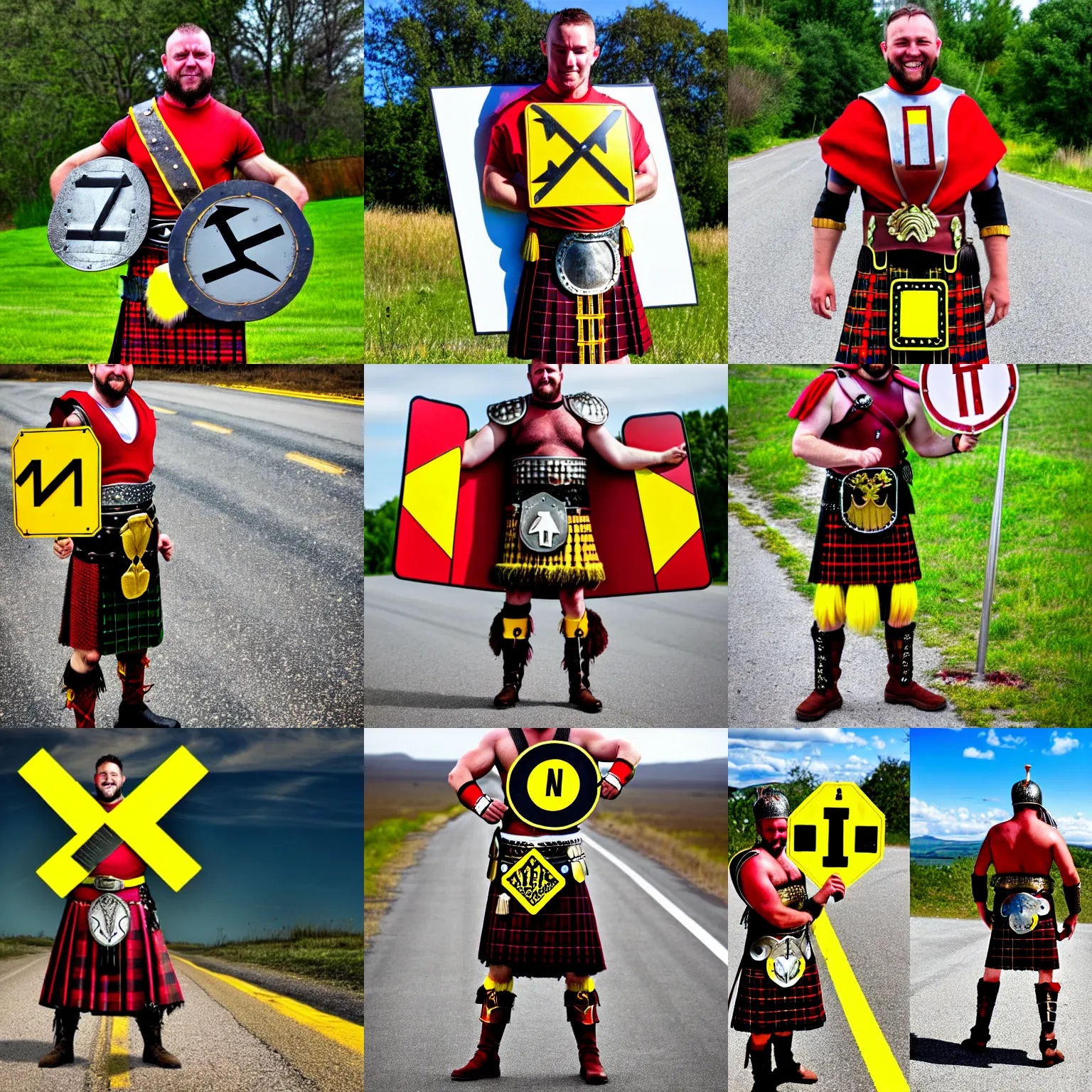 Prompt: gladiator wearing a road sign on his kilt, red and yellow road sign armor