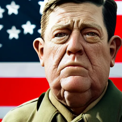 Prompt: general patton but as john krasinski standing in front of american flag, perfect face, sharp focus, illustration, octane render