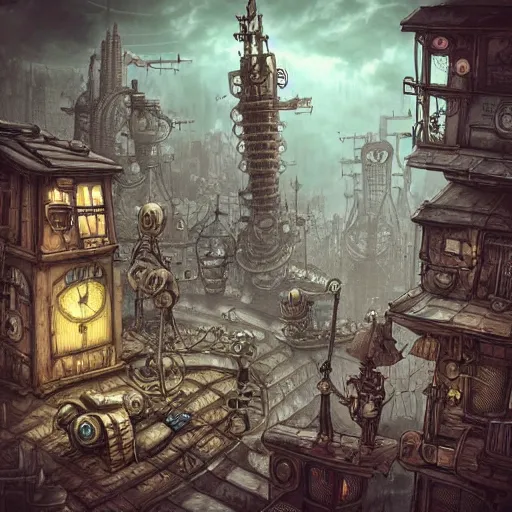 Image similar to machinarium city, steampunk style, fantasy style, super high detail, super high quality, talented artist, trending on artstation