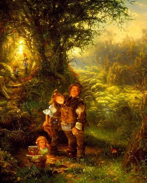 Image similar to an oil painting of hansel and gretel in the forest, by thomas kincade, ivan shiskin, and james gurney