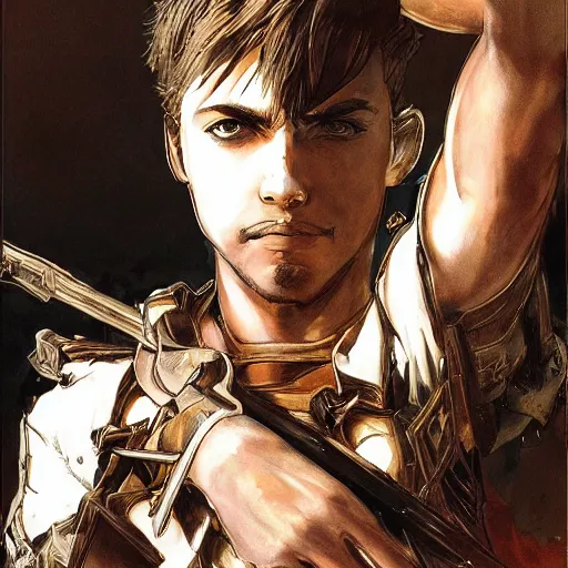 Image similar to portrait of a young white hero using his right arm to hold his sword covering his eye by yoji shinkawa, high quality, extra details, realism, ornate, colored, golden chain, blood, white skin, short hair, brown eyes, vivid, sunlight, dynamic, american man, freedom, white american soldier, painting, cybernetics, military