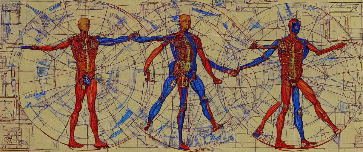 Prompt: a brilliantly colored painting of an exploded diagram of a detailed engineering schematic of a robot in the pose vitruvian man in the style of jean giraud