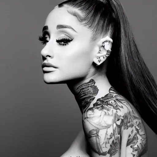 Prompt: ariana grande recursive photo beautiful ariana grande photo bw photography 130mm lens. ariana grande backstage photograph posing for magazine cover. award winning promotional photo. !!!!!COVERED IN TATTOOS!!!!! TATTED ARIANA GRANDE NECK TATTOOS