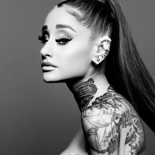 Image similar to ariana grande recursive photo beautiful ariana grande photo bw photography 130mm lens. ariana grande backstage photograph posing for magazine cover. award winning promotional photo. !!!!!COVERED IN TATTOOS!!!!! TATTED ARIANA GRANDE NECK TATTOOS