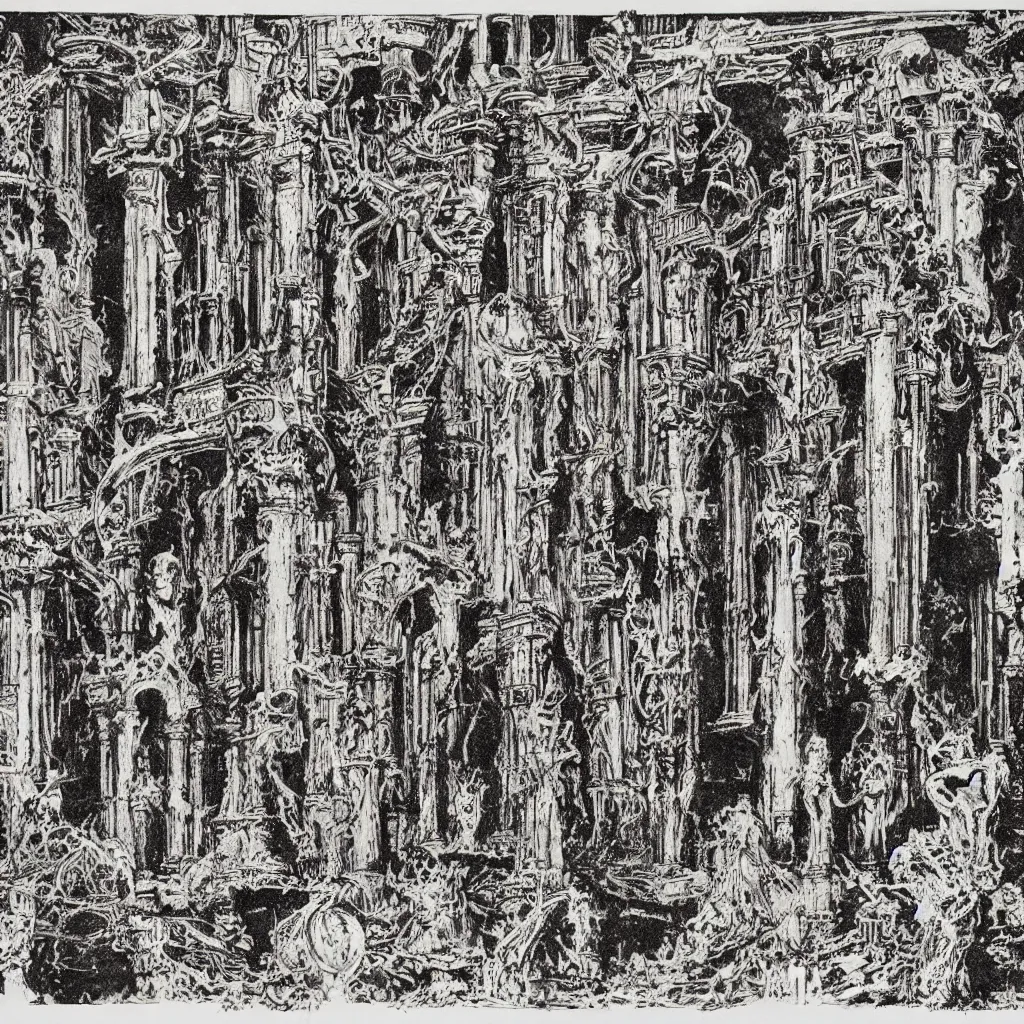 Prompt: extremely detailed illustration by druillet of a destroyed panteon with 7 statues of extint forgotten gods