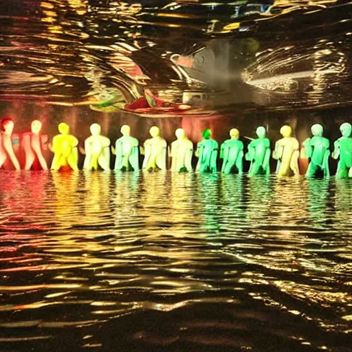 Image similar to love, diverse floating cybersuits, from behind, in water, connection rituals, wide wide angle, vivid, elaborate, highly detailed, beautiful lighting