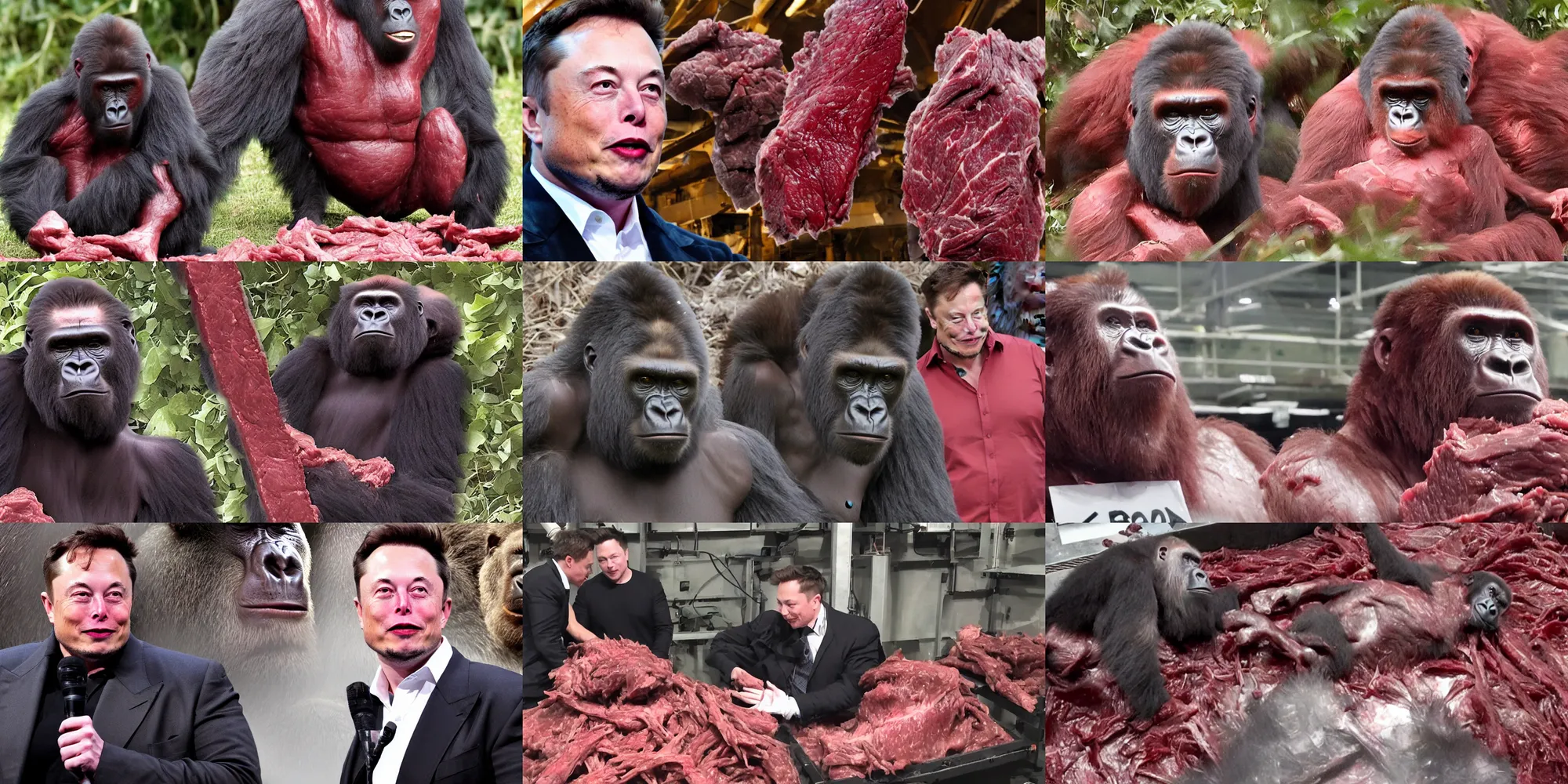 Prompt: elon musk traped in a gorilla cage blood and bone wet shredded red meat