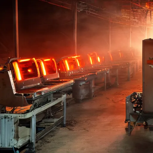 Image similar to toaster ovens on conveyor belt, dark messy smoke - filled cluttered workshop, dark, dramatic lighting, orange tint, sparks, cinematic, highly detailed, sci - fi, futuristic, movie still