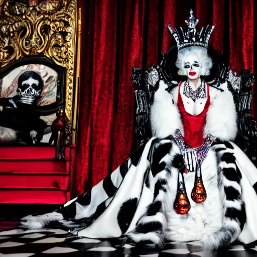 Prompt: cruella de vil as queen of south, sitting on an ornate golden throne decorated with dia de los muertos decorations, offerings on the floor, looking at viewer, black & white photo with red, film noir cinematic dynamic lighting, hyper realistic, hyper detailed, 8 k