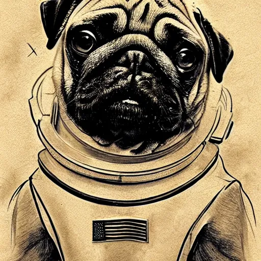 Image similar to pencil art, golden - ratio, spirals, highly detailed, astronaut pug in outer space by davinci.