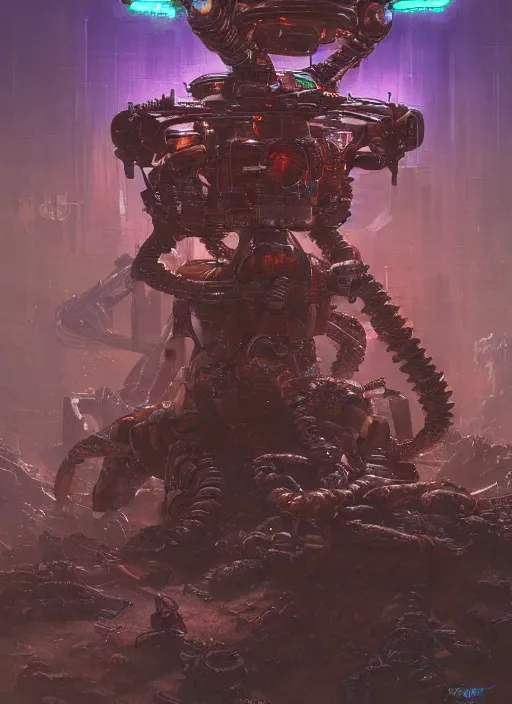Image similar to large robotic scorpion shape bristling with weapons, neal asher sci - fi, cyberpunk, artstation, conceptual, hyperdetailed, donato giancola, james gurney, neon lights, mood lighting, rust