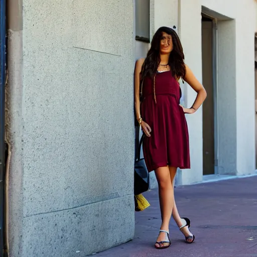 Prompt: photo of a beautiful, attractive brown hair woman, wearing a sundress, in downtown Los Angeles-n 9