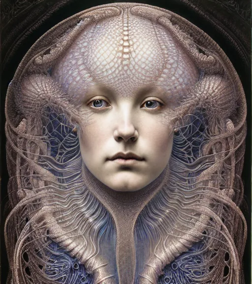 Image similar to detailed realistic beautiful ice goddess face portrait by jean delville, gustave dore, iris van herpen and marco mazzoni, art forms of nature by ernst haeckel, art nouveau, symbolist, visionary, gothic, neo - gothic, pre - raphaelite, fractal lace, intricate alien botanicals, ai biodiversity, surreality, hyperdetailed ultrasharp octane render