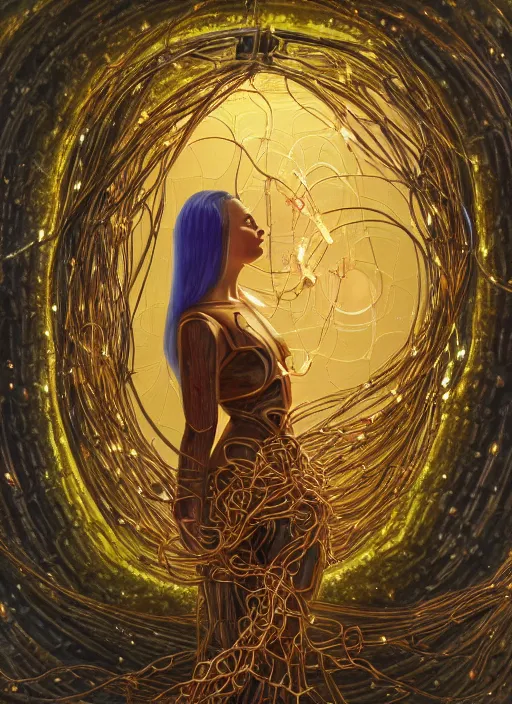 Image similar to oil painting of android woman immersed in the mystical tree, druid goddess, retro futurism, renaissance painting, baroque, golden body, steampunk, golden jewellery, shining crystals, cords and wires, vr googles, filigree, biomechanics, cinematic light, 8 k