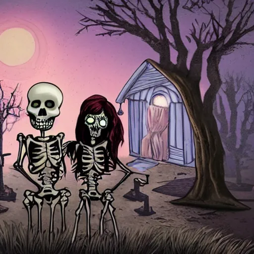 Prompt: a skeleton and a zombie getting married in a house at dawn