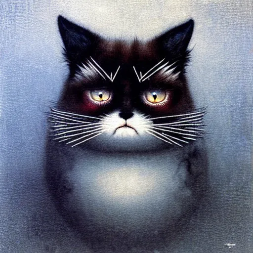 Image similar to cute chthonic fluffy grumpy cat by Ayami Kojima, Beksinski, Giger