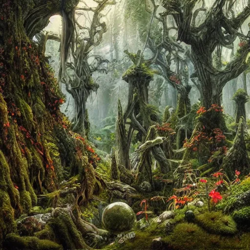 Image similar to a beautiful and highly detailed oil painting of an overgrown elven forest temple in the misty mountains, detailed plants and trees and flowers, intricate details, epic scale, insanely complex, 8 k, sharp focus, hyperrealism, fantasy landscape, psychedelic patterns, by caspar friedrich and james gurney,