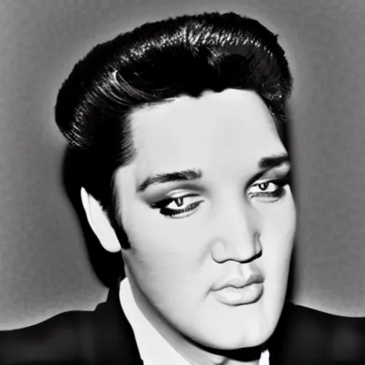 Prompt: A photo of Elvis Presley staring at the camera, depressed, dead inside