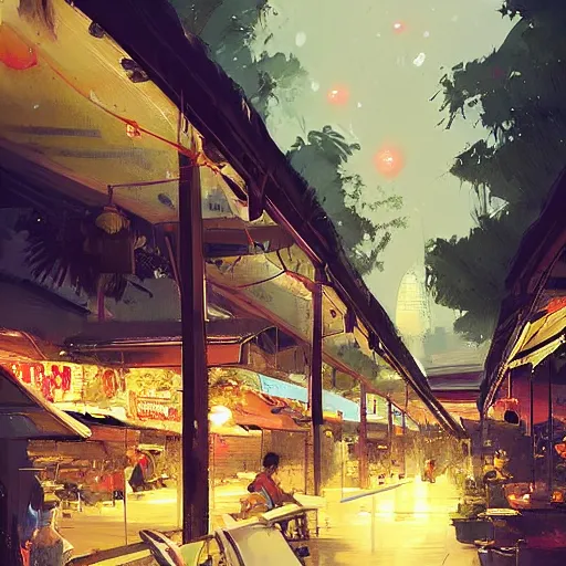 Prompt: a singaporean hawker centre at night, by greg rutkowski, digital art, award - winning