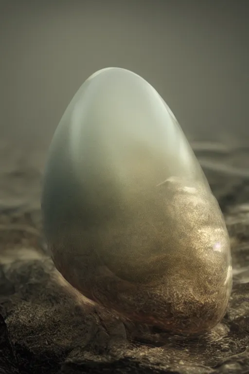 Image similar to photoreal render of transparent cthulhu egg, presented nicely, rendered in octane, realistic, film grain, 3 5 mm, 1 6 0 0 iso, sony a 7 riv, 8 k, unreal engine, wind, mythical, surrounded by mist, surreal moody background