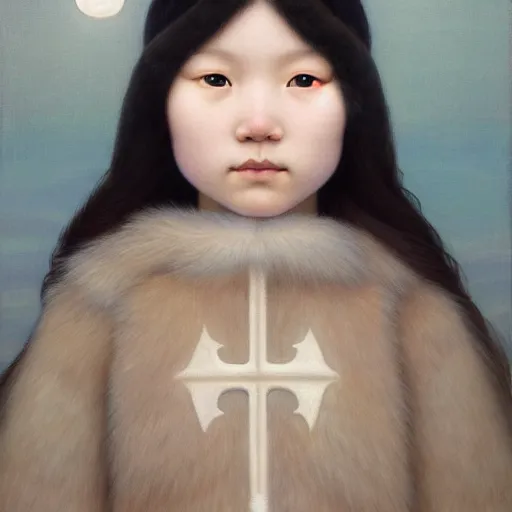 Prompt: a ultradetailed beautiful painting of a inuit canadian girl by hsiao ron cheng, ngai victo, nivanh chanthara jean delville wlop and dougherty patrick, trending on artstation, alaska, light sparkles, major arcana sky, sharp focus, soft light