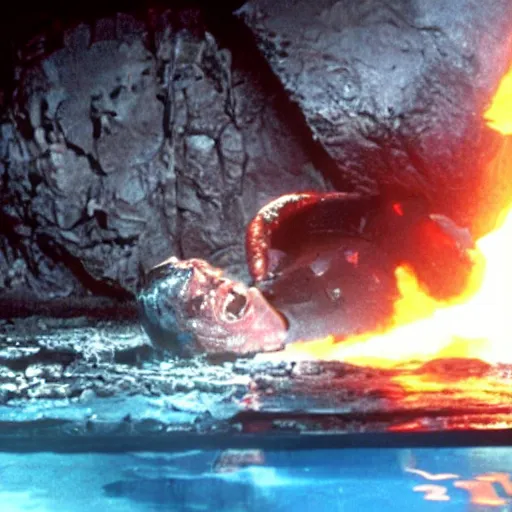 Image similar to film still of a cyborg dwayne johnson giving a thumbs - up while going inside a molten metal pool in terminator 2 1 9 9 1, epic, volumetric lighting, hd, 8 k