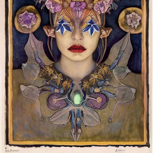 Image similar to the bone crown coronation, by Annie Swynnerton and Nicholas Roerich and (((Diego Rivera))) and (((Edmund Dulac))), bioluminescent skin, floral tattoos, elaborate costume, geometric ornament, symbolist, rich colors, dramatic lighting, smooth, sharp focus, extremely detailed