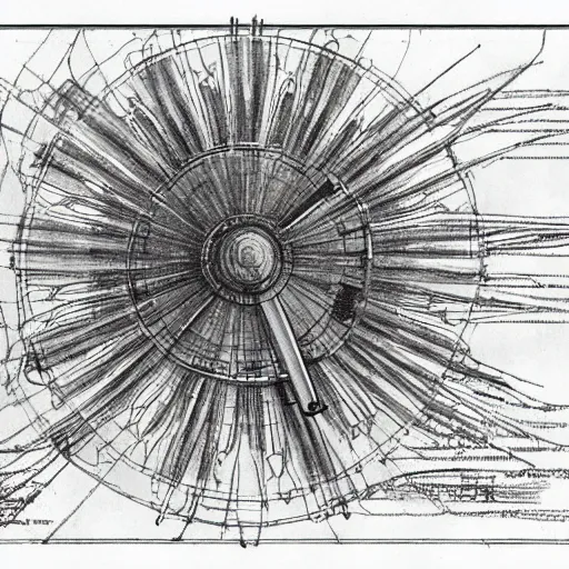 Image similar to leonardo da vinci color intricate full page scan blueprint of an environmental turbine machine, on paper, black ball pen style, :: ultra-detailed technical precision :: mixed media with white and silver lines, realistic composition, point of interest at golden ratio, light from right, more darkness on the bottom, monumentally art composition, high quality of sketching with subtle hairlines, highly detailed rounded forms, inside out and outside in, octane render