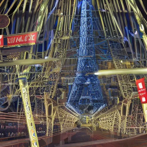 Image similar to A beautiful intricate 8K award-winning cinematic movie photograph of the future Eiffel Tower completely painted over by corporate logos in the year 2043, by Bruno Delbonnel