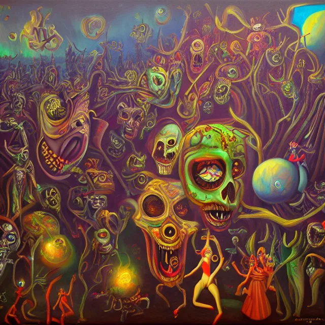 Image similar to an oil on canvas painting of the carnival of nightmares, polycount, surrealism, surrealist, cosmic horror, high detail