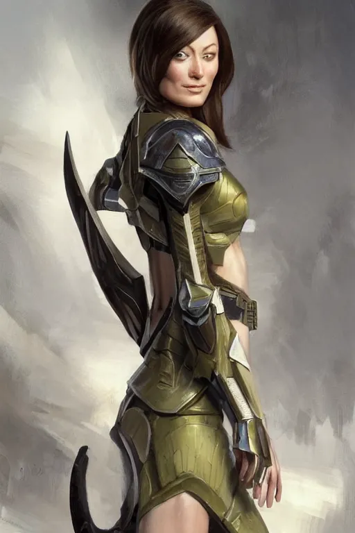 Image similar to a professional painting of a young Olivia Wilde, clothes in military armor, olive skin, long dark hair, beautiful bone structure, symmetrical facial features, intricate, elegant, digital painting, concept art, smooth, sharp focus, illustration, from StarCraft by Ruan Jia and Mandy Jurgens and Artgerm and William-Adolphe Bouguerea