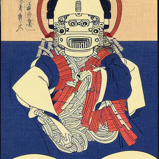 Prompt: a ukiyo-e portrait of a robot saint made of cables and robotic parts, by Hokusai