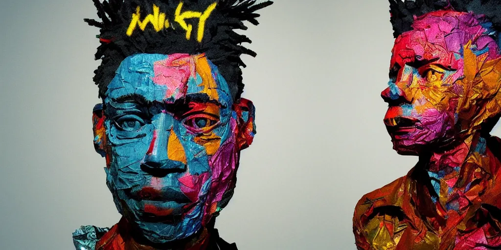 Image similar to a perfect bust of Jean-Michel Basquiat made out of crumpled colored foil, 3D cinematic lighting, spotlight at a 90 DEGREE ANGLE, photorealism, octane render, depth of field, 8k, 35mm, artgem, Trending on artstation