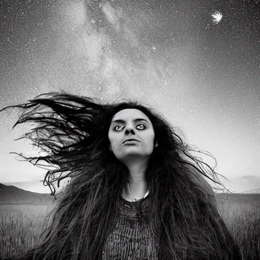 Prompt: A beautiful conceptual art of a woman with long flowing hair, wild animals, and a dark, starry night sky. by Rui Palha cosy