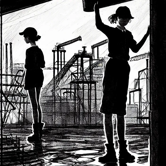 Image similar to sadie sink in dirty workmen clothes waves goodbye to workmen. background : factory, dirty, polluted. technique : black and white pencil and ink. by gabriel hardman, joe alves, chris bonura. cinematic atmosphere, detailed and intricate, perfect anatomy
