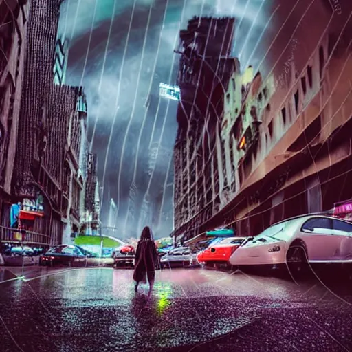 Image similar to dark neon city urban rainy low angle a single female in the center of the frame looking to the cloudy sky futuristic environment flying cars highly realistic