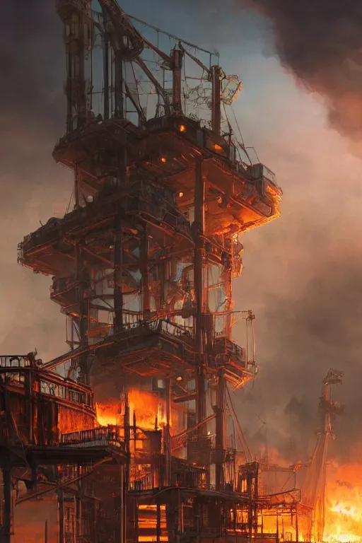 Image similar to a highly detailed matte painting of a soviet steampunk oil rig on fire at night by studio ghibli, makoto shinkai, by artgerm, by wlop, by greg rutkowski, volumetric lighting, octane render, 4 k resolution, trending on artstation, masterpiece