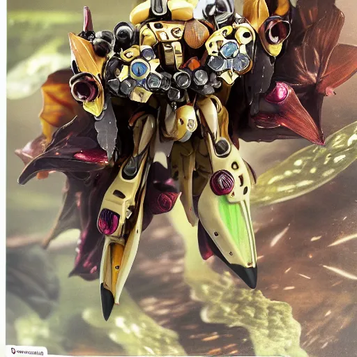 Image similar to futuristic ophrys insectifera mecha fly orchid body, sepals forming helmet, floral details, ophrys, 8 k hd resolution, barbatos gundam with floral inlay, bandai box art, star wars, makoto kobayashi, frank gehry, raymond swanland