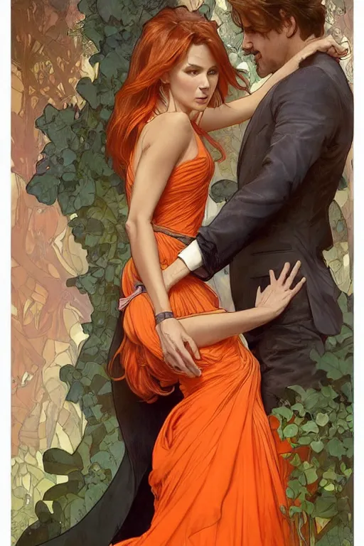 Prompt: man in orange shirt fastens beautiful dress of his spouse before going to exquisite gala art by artgerm and greg rutkowski and charlie bowater and magali villeneuve and alphonse mucha