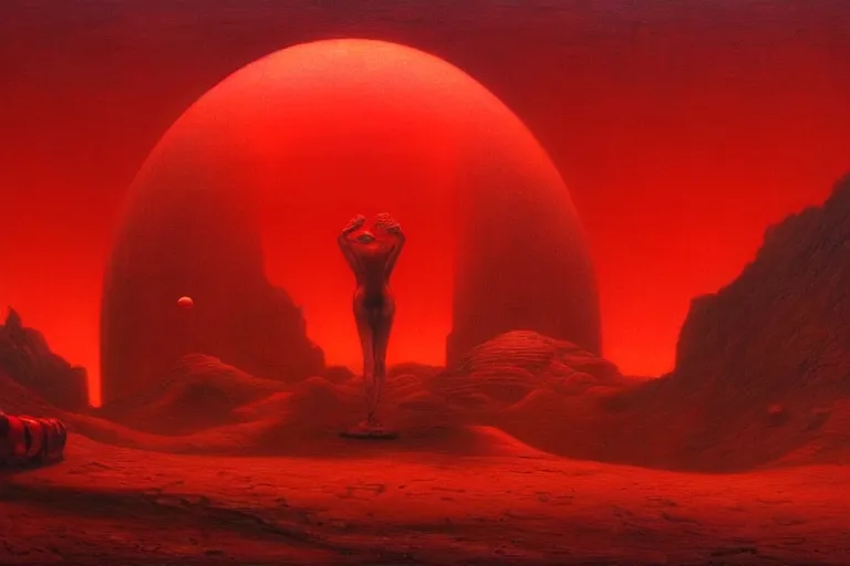 Image similar to only with red, a red god of death eat apple, a futuristic city on mars in background, an ancient path, pathos, in the style of beksinski, part by hopper, part by rodcenko, part by hofbauer, intricate composition, red by caravaggio, insanely quality, highly detailed, masterpiece, red light, artstation