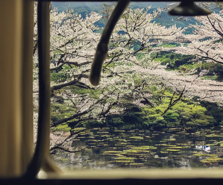 Prompt: a photo of mount fuji, japanese ladscapes, rice paddies, sakura trees, seen from a window of a train. cinematic lighting.